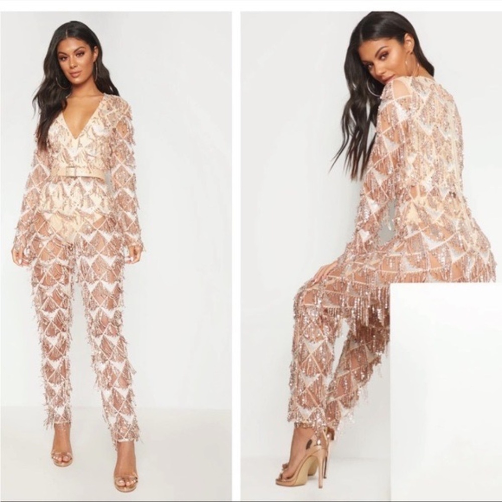 Brand New Pretty Little Thing Rose Gold Tassel Sequin Plunge Jumpsuit